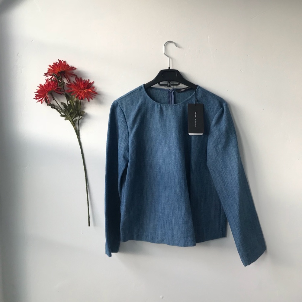 NWT ZARA Denim Blue Jean Long Sleeve Blouse Small